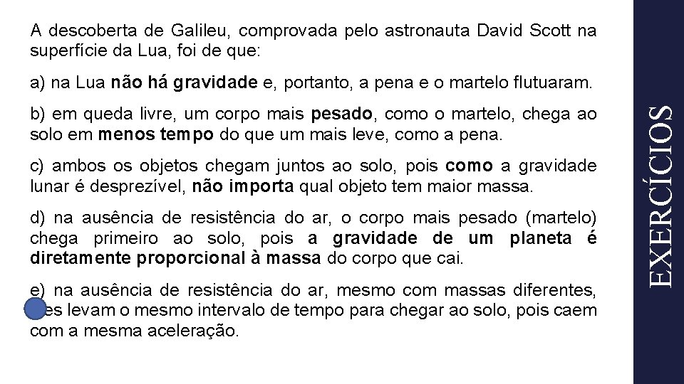 A descoberta de Galileu, comprovada pelo astronauta David Scott na superfície da Lua, foi