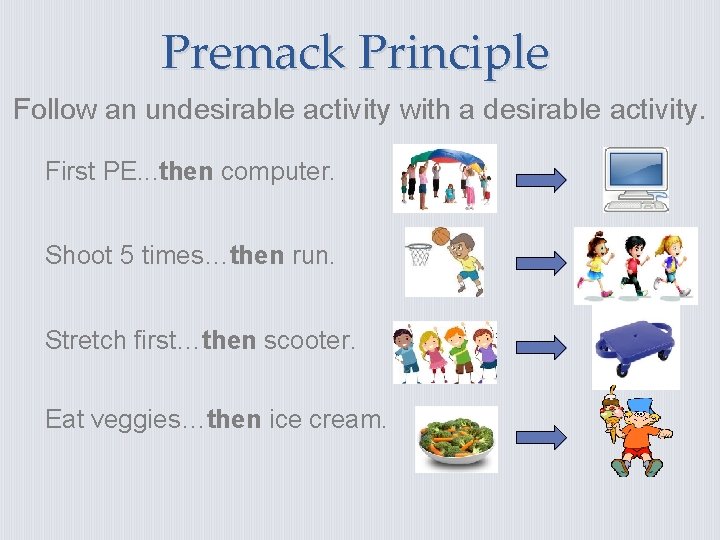 Premack Principle Follow an undesirable activity with a desirable activity. First PE. . .