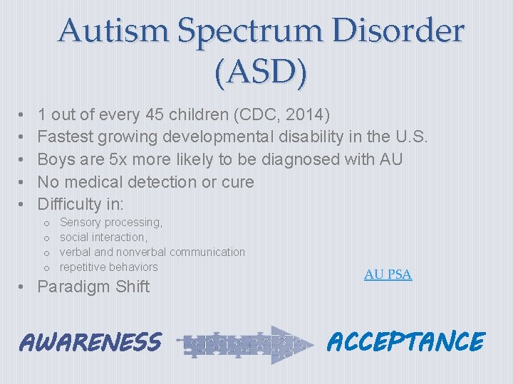 Autism Spectrum Disorder (ASD) • • • 1 out of every 45 children (CDC,