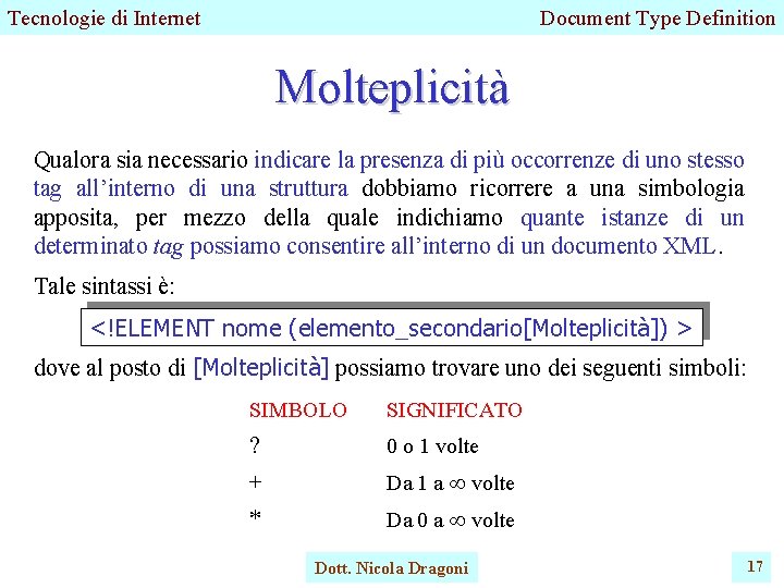 Tecnologie di Internet Document Type Definition Molteplicità Qualora sia necessario indicare la presenza di