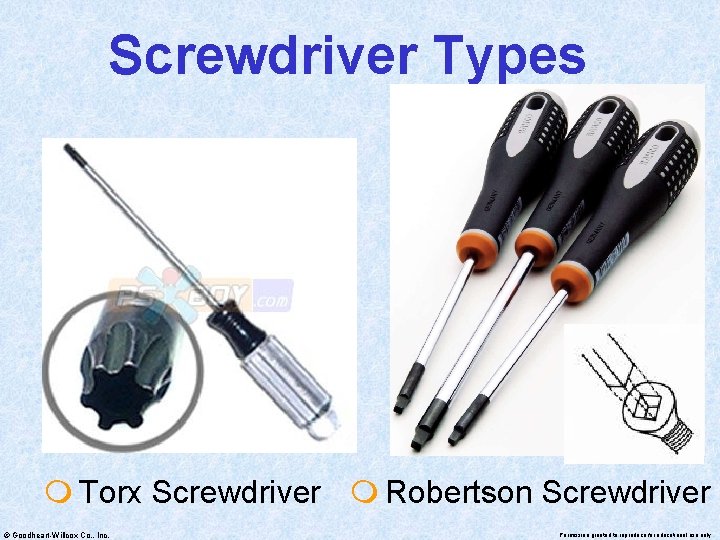 Screwdriver Types m Torx Screwdriver m Robertson Screwdriver © Goodheart-Willcox Co. , Inc. Permission