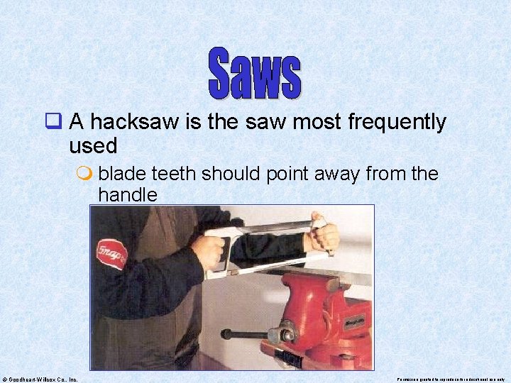 q A hacksaw is the saw most frequently used m blade teeth should point