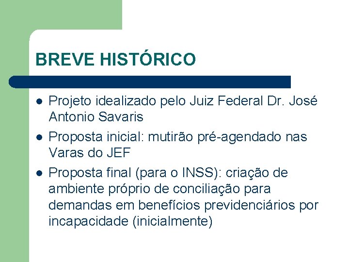 BREVE HISTÓRICO l l l Projeto idealizado pelo Juiz Federal Dr. José Antonio Savaris