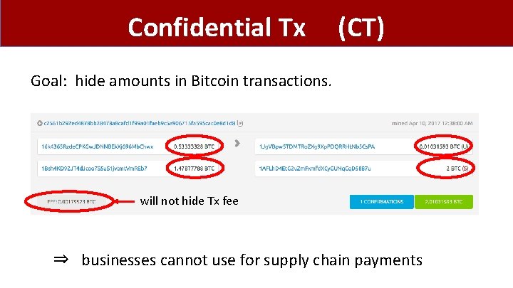 Confidential Tx (CT) Goal: hide amounts in Bitcoin transactions. will not hide Tx fee