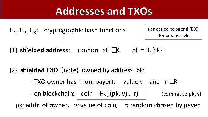 Addresses and TXOs H 1, H 2, H 3: cryptographic hash functions. (1) shielded