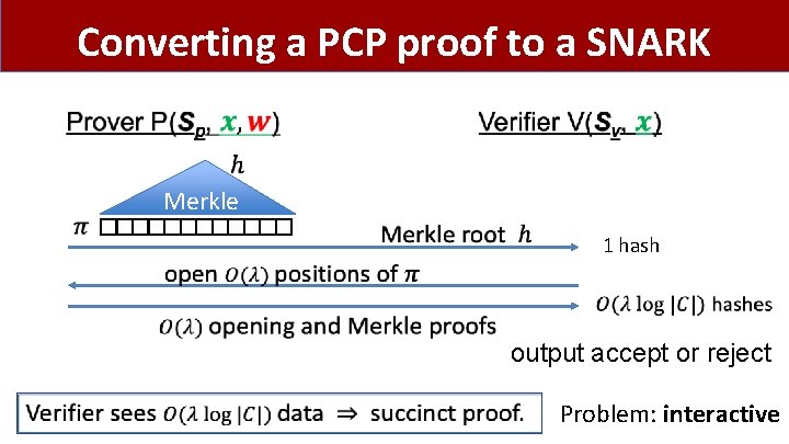 Converting a PCP proof to a SNARK Merkle 1 hash output accept or reject