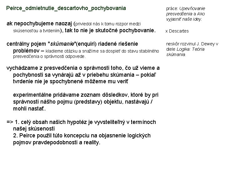 Peirce_odmietnutie_descartovho_pochybovania ak nepochybujeme naozaj (priviedol nás k tomu rozpor medzi skúsenosťou a tvrdením), tak