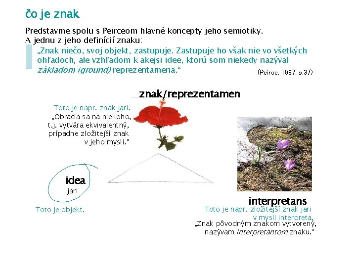 čo je znak Predstavme spolu s Peirceom hlavné koncepty jeho semiotiky. A jednu z