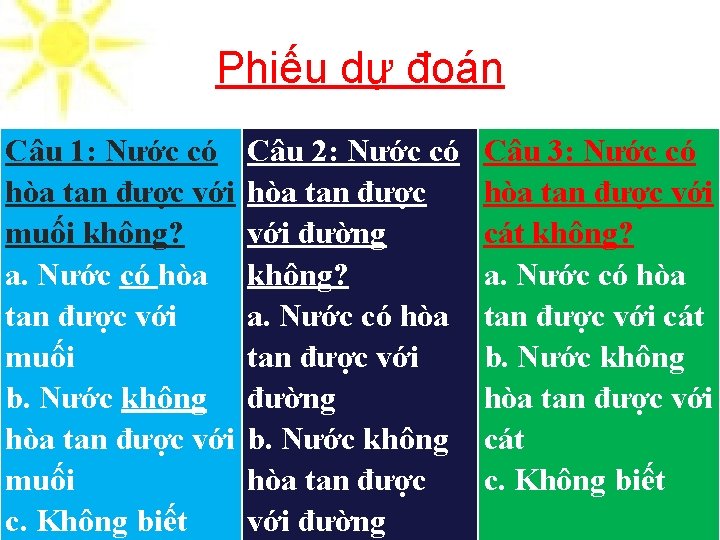 Phiếu dự đoán Câu 1: Nước có hòa tan được với muối không? a.