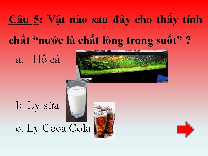 Câu 5: Vật nào sau đây cho thấy tính chất “nước là chất lỏng