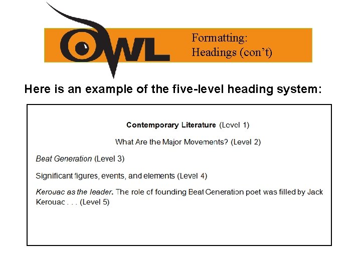 Formatting: Headings (con’t) Here is an example of the five-level heading system: 