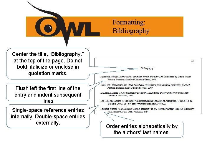 Formatting: Bibliography Center the title, “Bibliography, ” at the top of the page. Do