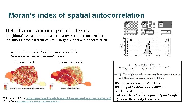 Moran’s index of spatial autocorrelation Detects non-random spatial patterns ‘neighbors’ have similar values →