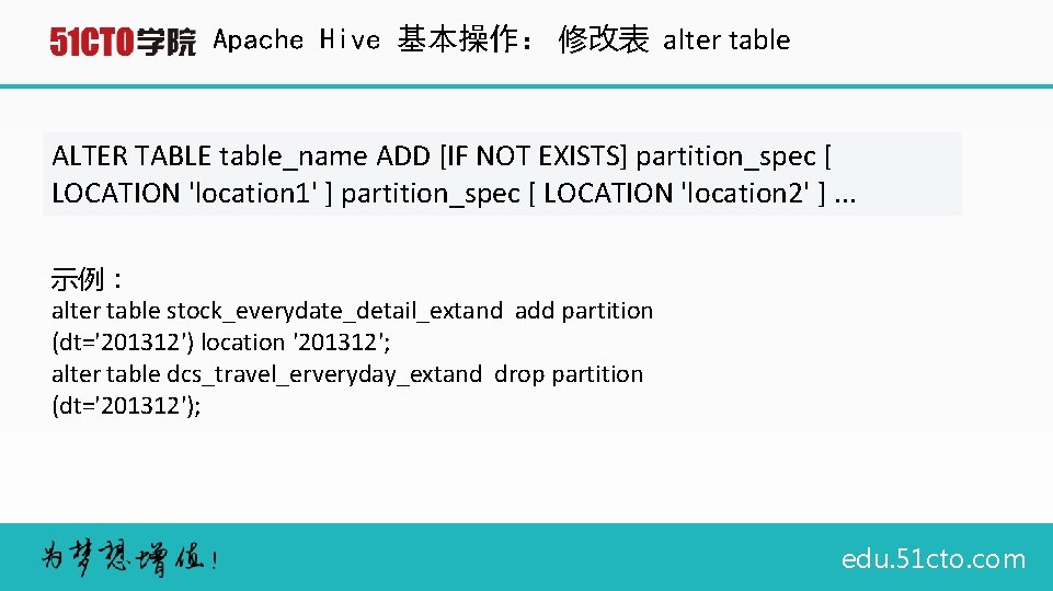 Apache Hive 基本操作： 修改表 alter table ALTER TABLE table_name ADD [IF NOT EXISTS] partition_spec