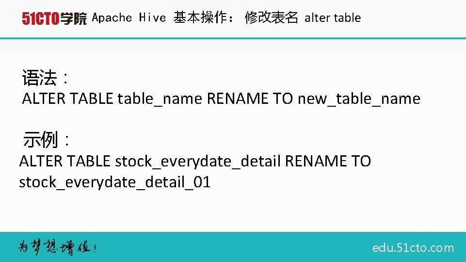 Apache Hive 基本操作： 修改表名 alter table 语法： ALTER TABLE table_name RENAME TO new_table_name 示例：