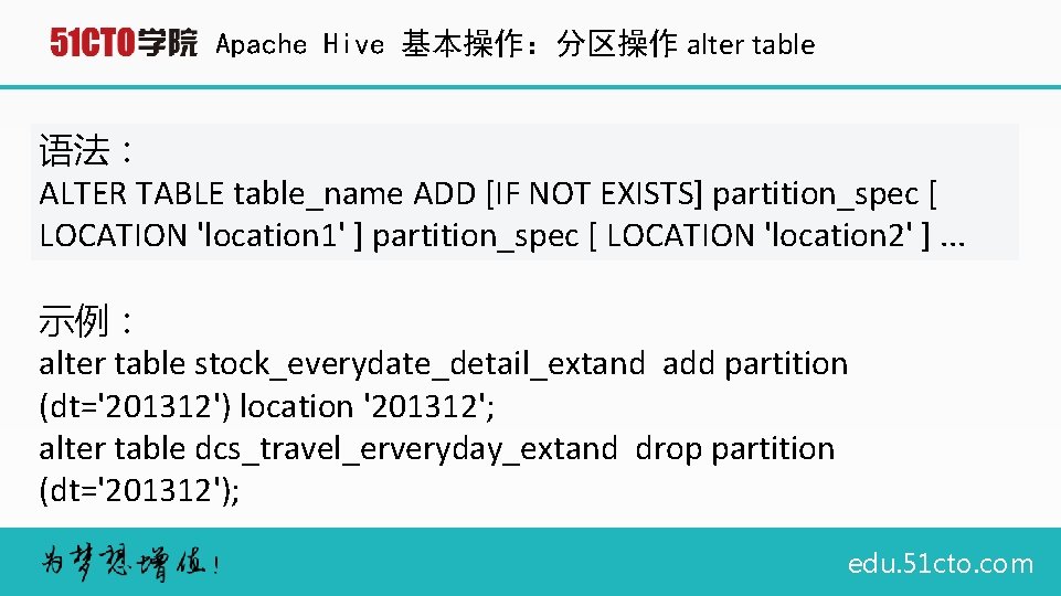 Apache Hive 基本操作：分区操作 alter table 语法： ALTER TABLE table_name ADD [IF NOT EXISTS] partition_spec