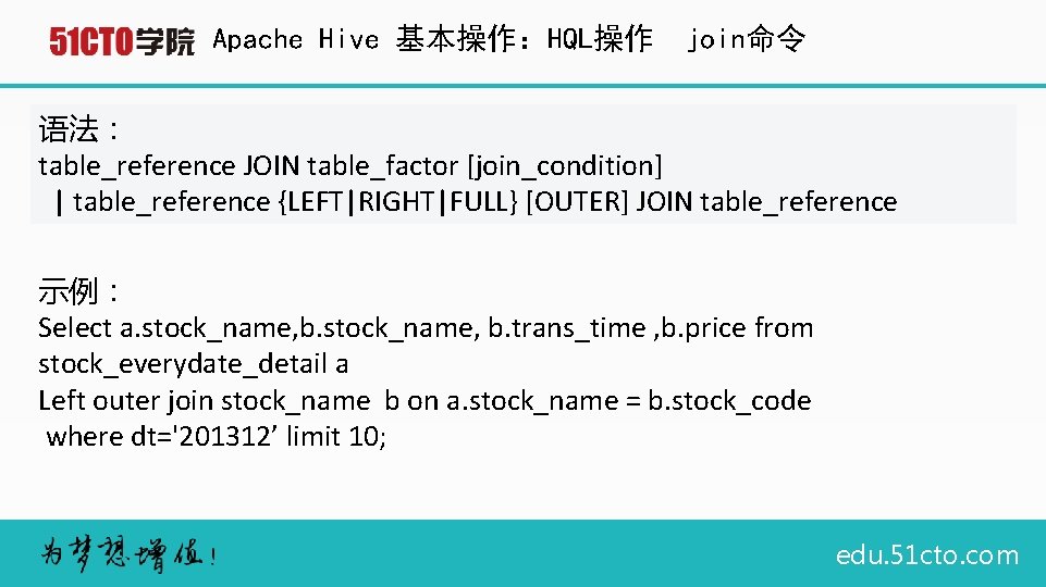 Apache Hive 基本操作：HQL操作 join命令 语法： table_reference JOIN table_factor [join_condition] | table_reference {LEFT|RIGHT|FULL} [OUTER] JOIN