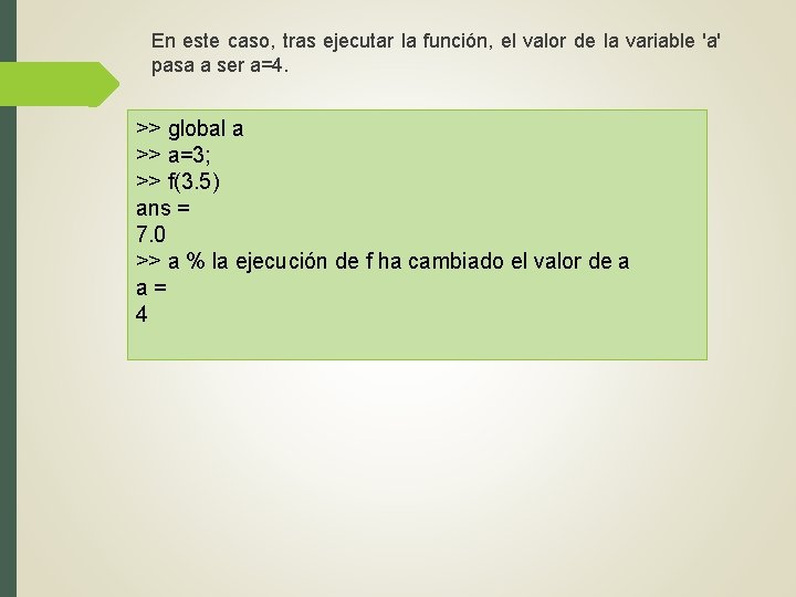 En este caso, tras ejecutar la función, el valor de la variable 'a' pasa