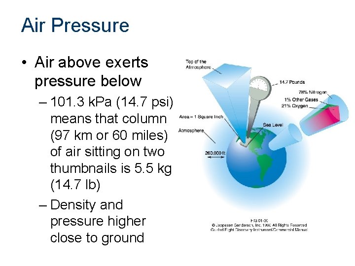 Air Pressure • Air above exerts pressure below – 101. 3 k. Pa (14.