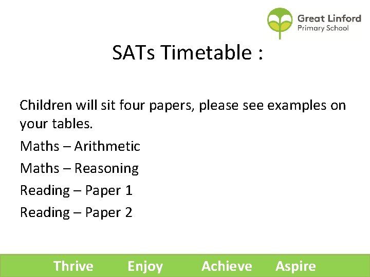 SATs Timetable : Children will sit four papers, please see examples on your tables.