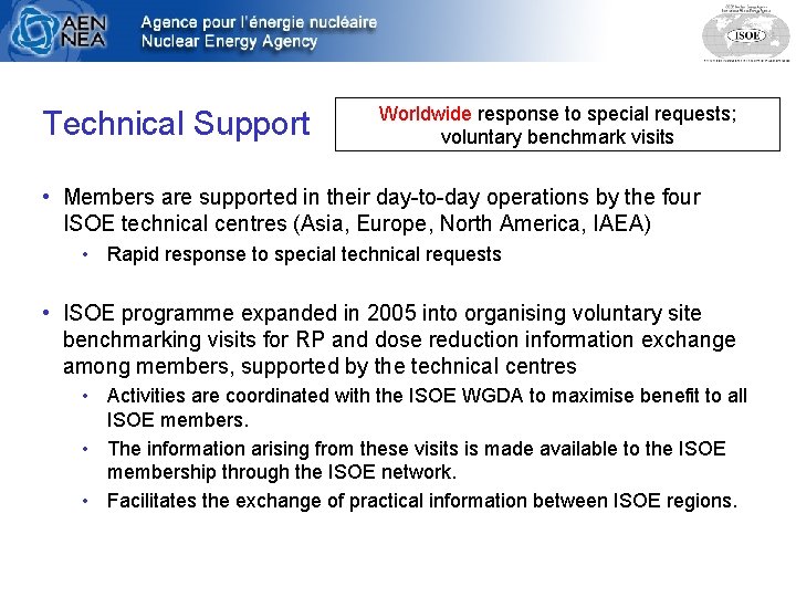 Technical Support Worldwide response to special requests; voluntary benchmark visits • Members are supported