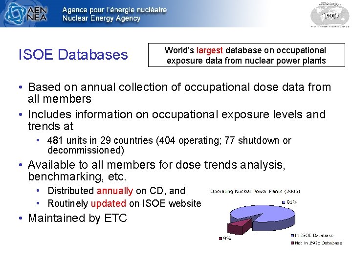 ISOE Databases World’s largest database on occupational exposure data from nuclear power plants •