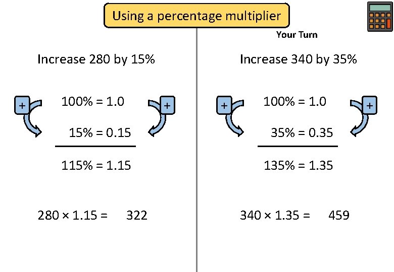 Using a percentage multiplier Your Turn Increase 280 by 15% + 100% = 1.