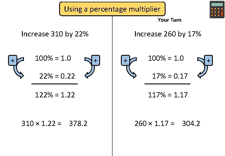 Using a percentage multiplier Your Turn Increase 310 by 22% + 100% = 1.