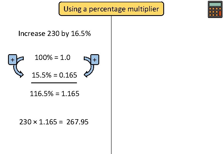 Using a percentage multiplier Increase 230 by 16. 5% + 100% = 1. 0