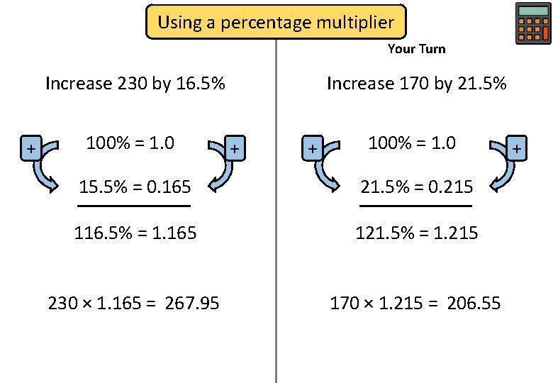 Using a percentage multiplier Your Turn Increase 230 by 16. 5% + 100% =