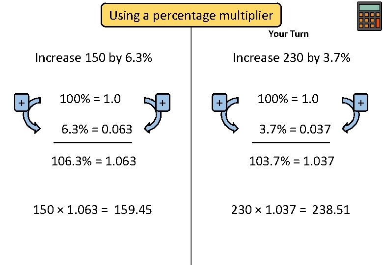 Using a percentage multiplier Your Turn Increase 150 by 6. 3% + 100% =