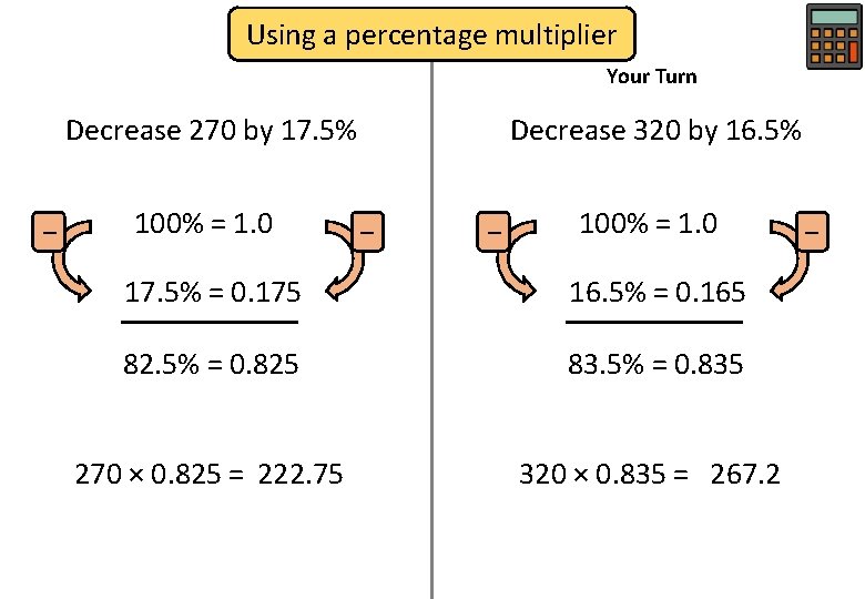 Using a percentage multiplier Your Turn Decrease 270 by 17. 5% − 100% =