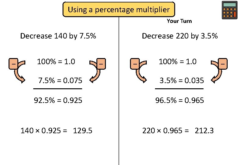 Using a percentage multiplier Your Turn Decrease 140 by 7. 5% − 100% =