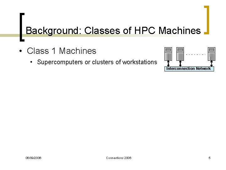Background: Classes of HPC Machines • Class 1 Machines • Supercomputers or clusters of