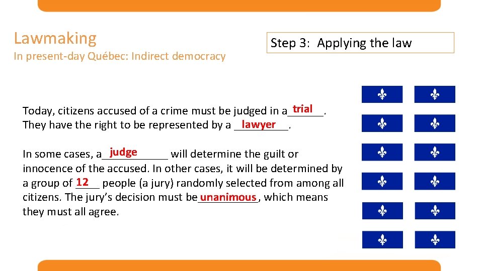 Lawmaking In present-day Québec: Indirect democracy Step 3: Applying the law trial Today, citizens