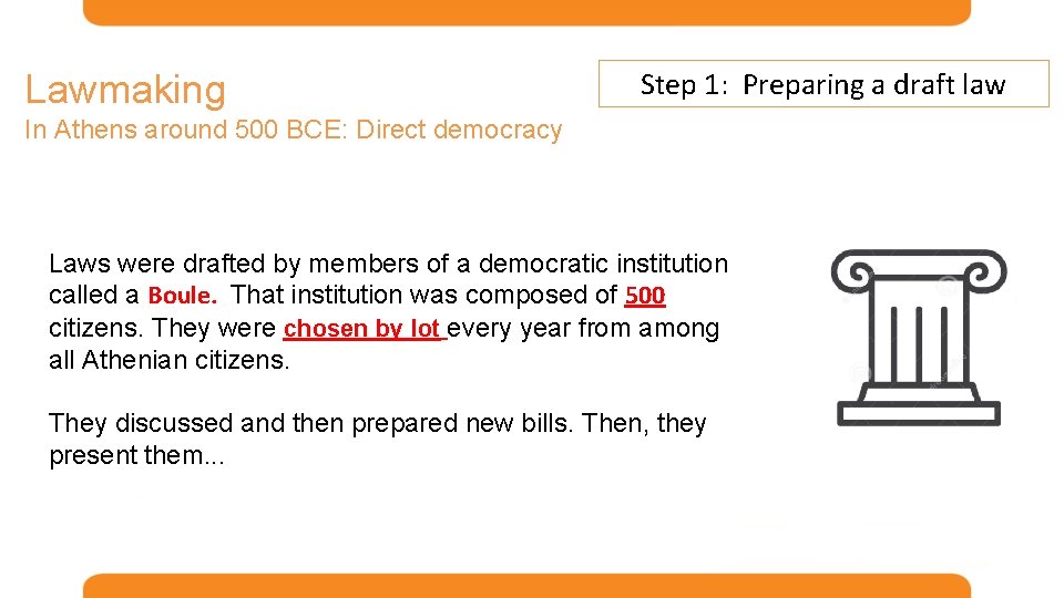 Lawmaking Step 1: Preparing a draft law In Athens around 500 BCE: Direct democracy