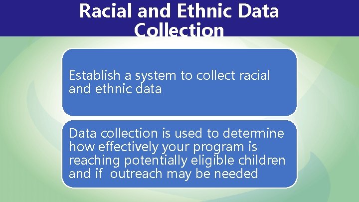 Racial and Ethnic Data Collection Establish a system to collect racial and ethnic data