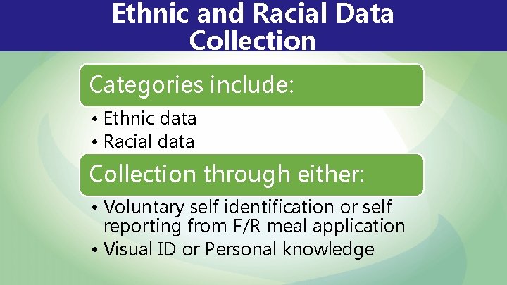 Ethnic and Racial Data Collection Categories include: • Ethnic data • Racial data Collection