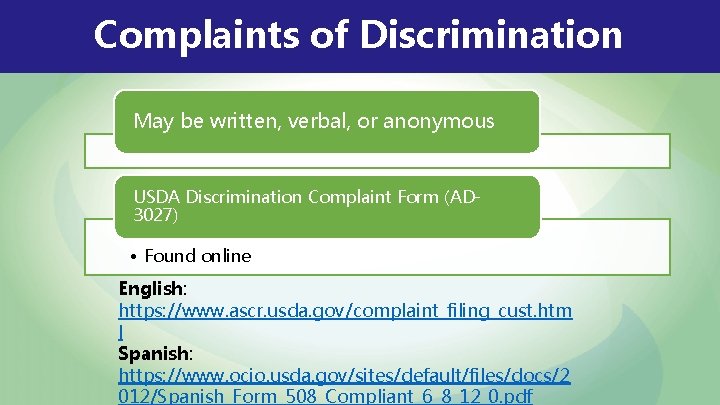 Complaints of Discrimination May be written, verbal, or anonymous USDA Discrimination Complaint Form (AD