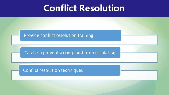 Conflict Resolution Provide conflict resolution training Can help prevent a complaint from escalating Conflict