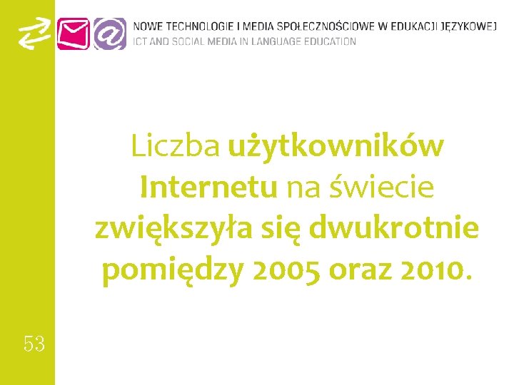 Liczba użytkowników Internetu na świecie zwiększyła się dwukrotnie pomiędzy 2005 oraz 2010. 53 