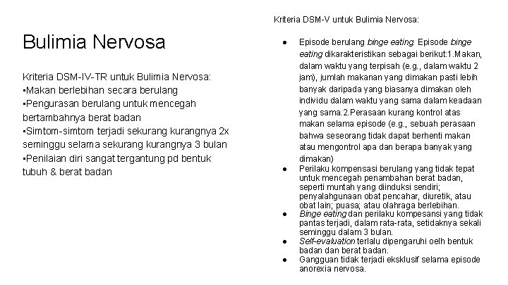 Kriteria DSM-V untuk Bulimia Nervosa: Bulimia Nervosa Kriteria DSM-IV-TR untuk Bulimia Nervosa: • Makan