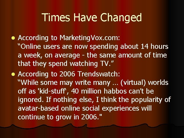 Times Have Changed According to Marketing. Vox. com: “Online users are now spending about