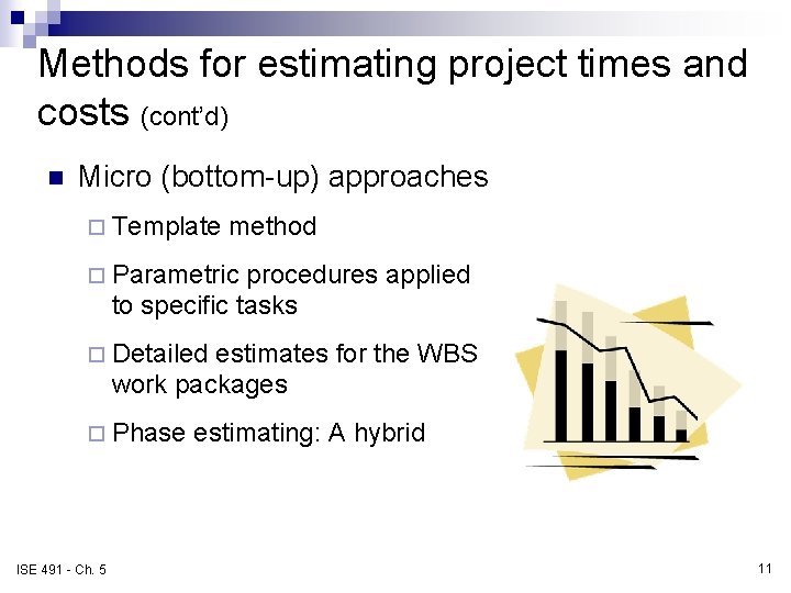 Methods for estimating project times and costs (cont’d) n Micro (bottom-up) approaches ¨ Template