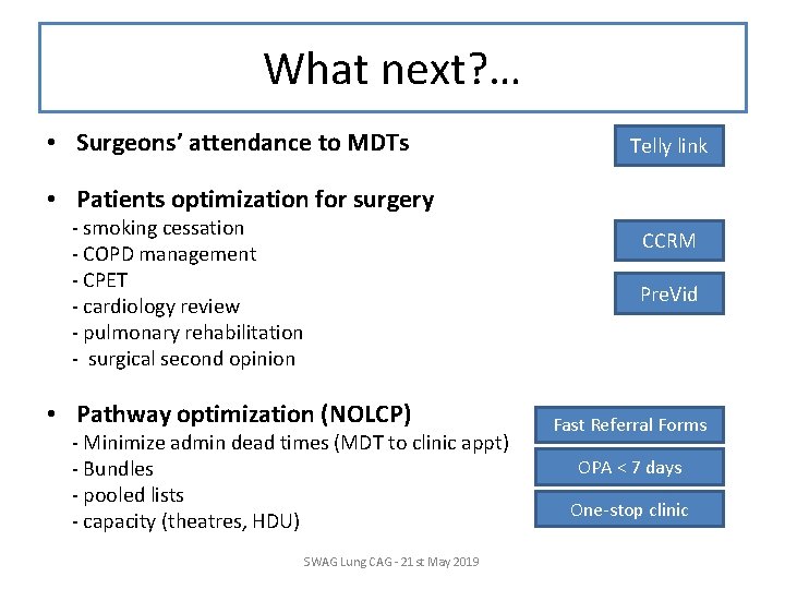What next? … • Surgeons’ attendance to MDTs Telly link • Patients optimization for What next? … • Surgeons’ attendance to MDTs Telly link • Patients optimization for