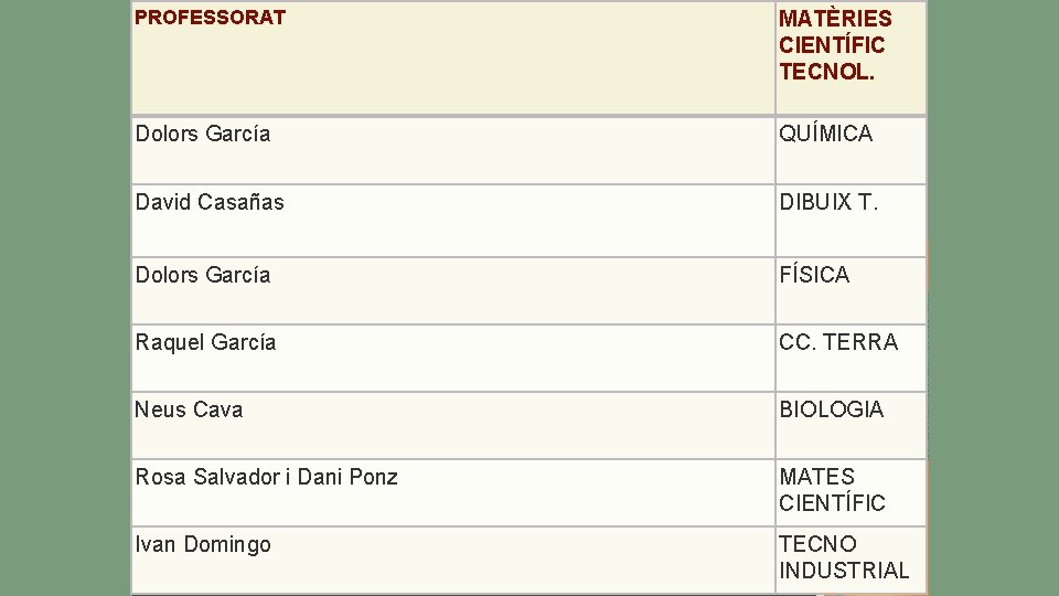 PROFESSORAT MATÈRIES CIENTÍFIC TECNOL. Dolors García QUÍMICA David Casañas DIBUIX T. Dolors García FÍSICA