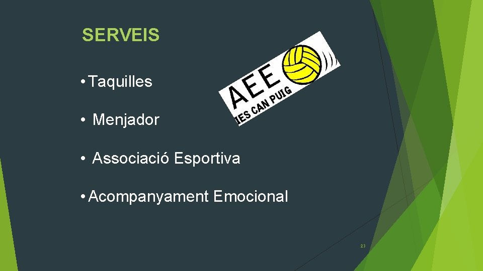 SERVEIS • Taquilles • Menjador • Associació Esportiva • Acompanyament Emocional 23 