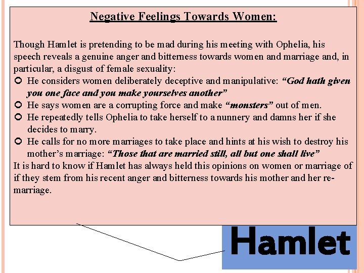 Negative Feelings Towards Women: Though Hamlet is pretending to be mad during his meeting