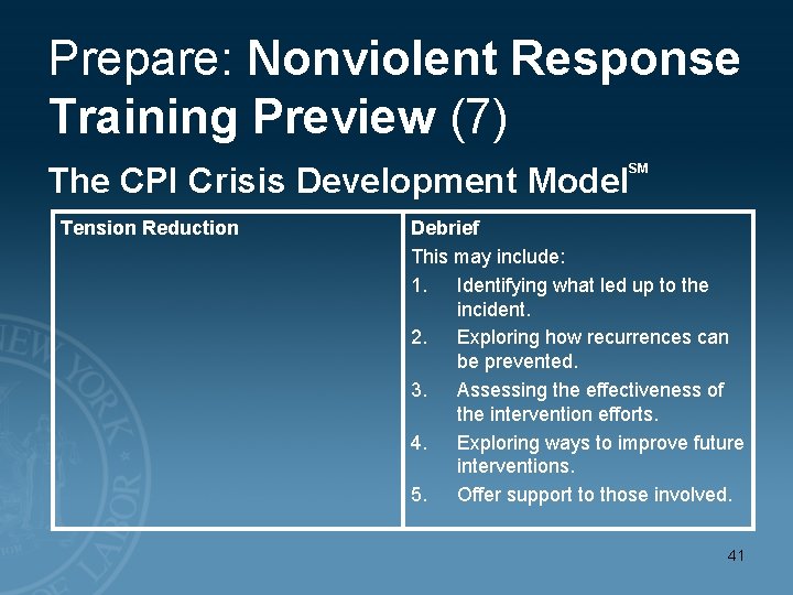 Prepare: Nonviolent Response Training Preview (7) The CPI Crisis Development Model Tension Reduction SM