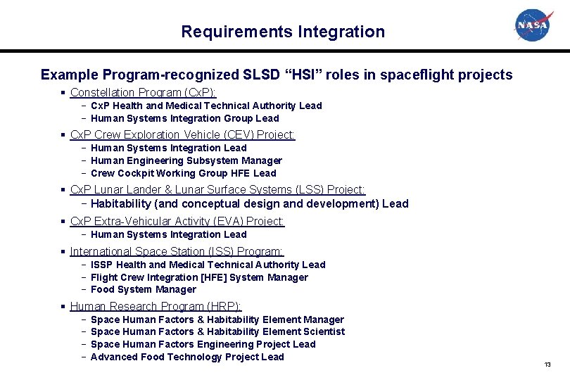 Requirements Integration Example Program-recognized SLSD “HSI” roles in spaceflight projects § Constellation Program (Cx.